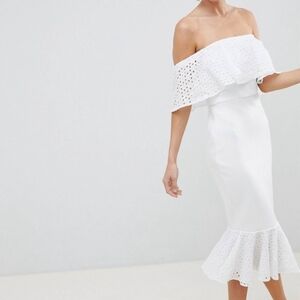 NWT ASOS Design White Scuba Eyelet Off Shoulder Broderie Trim Pephem Midi Dress